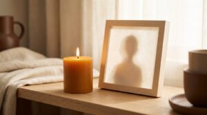 Candela accesa accanto a una cornice con la silhouette sfocata di una persona cara, atmosfera di raccoglimento per l'anniversario della morte