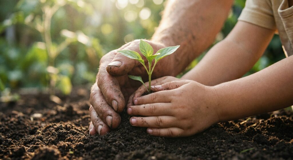 Mano di un adulto e mano di un bambino custodiscono insieme una piccola pianta: accompagnare i bambini nel comprendere la morte