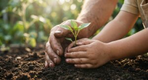 Mano di un adulto e mano di un bambino custodiscono insieme una piccola pianta: accompagnare i bambini nel comprendere la morte