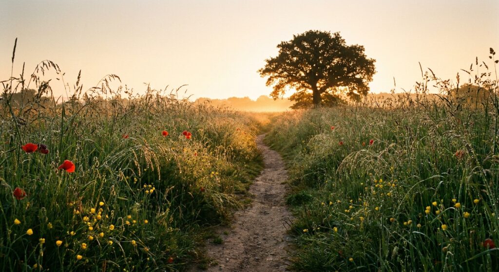 Sentiero tra i prati fioriti che conduce verso la luce del mattino: metafora del cammino per superare un lutto