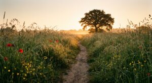 Sentiero tra i prati fioriti che conduce verso la luce del mattino: metafora del cammino per superare un lutto