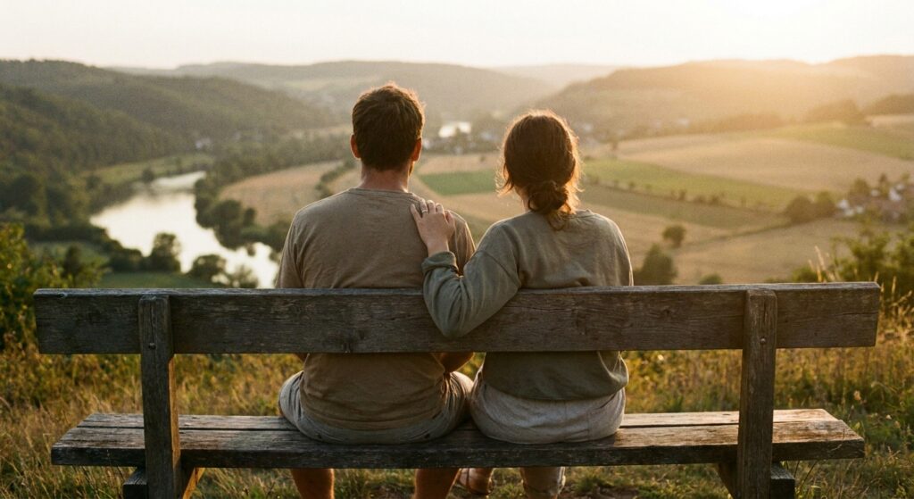 Due persone di spalle su una panchina al tramonto, una con la mano sulla spalla dell’altra: stare accanto a chi è in lutto