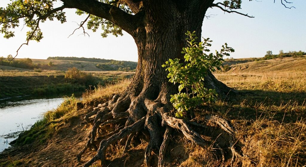 Vecchia quercia con radici profonde e un giovane albero accanto, sulla riva al tramonto: la perdita di un genitore e il legame tra le generazioni