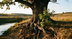 Vecchia quercia con radici profonde e un giovane albero accanto, sulla riva al tramonto: la perdita di un genitore e il legame tra le generazioni