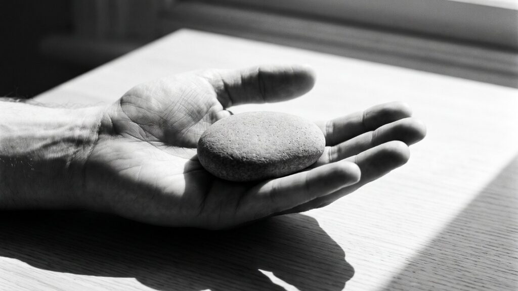 Una pietra liscia nel palmo di una mano aperta: il peso del senso di colpa dopo un lutto